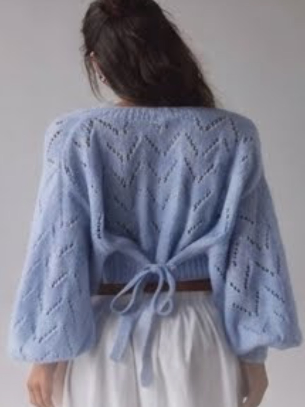 Kimchi Blue Powder Blue Pointelle Tie-Back Cropped Cardigan - size large - Picture 2 of 8